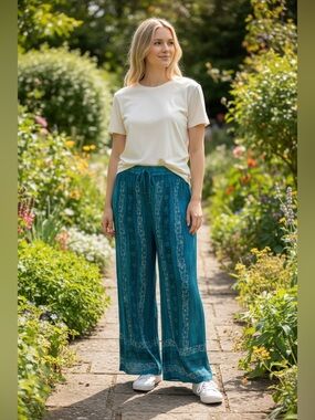 Advance Apparels Turquoise Patterned Wide Leg Pants